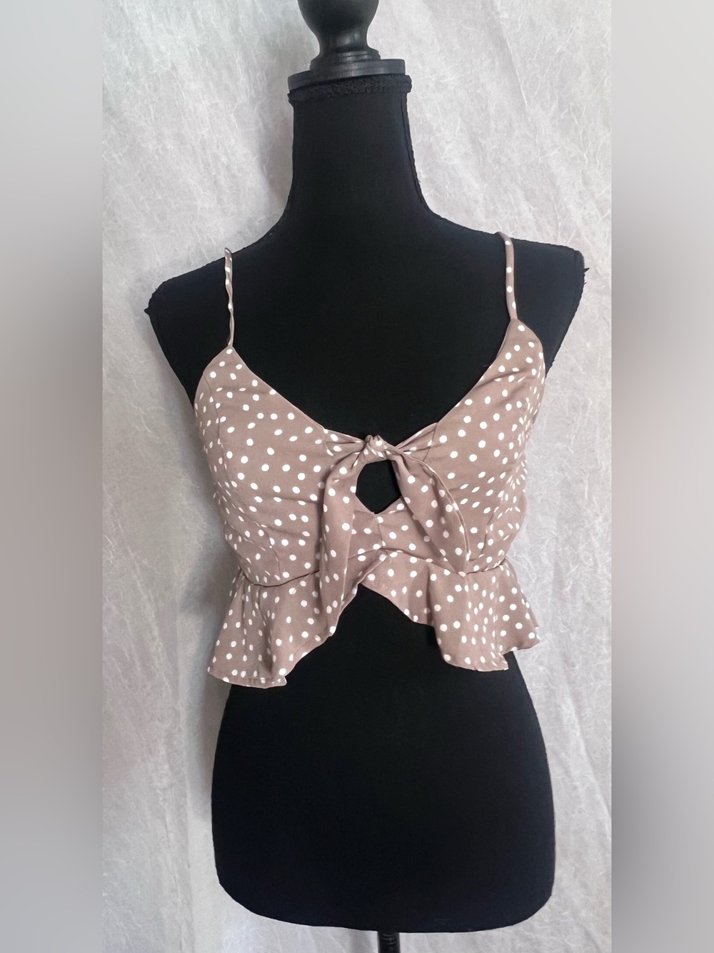 Sienna Sky Taupe Polka Dot Tie-Front crop top